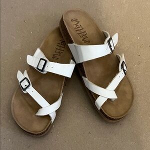 Mad Love White Strappy Buckle Cork Footbed Sandals